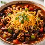 Hearty beef and bean chili recipe in a rustic white bowl with toppings.