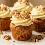 Moist carrot cupcakes with cream cheese frosting on a white plate.