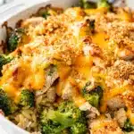 Creamy cheesy chicken broccoli casserole with a crispy golden breadcrumb topping.