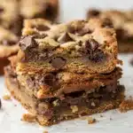 Thick chewy chocolate chip cookie bars with melty chips and crispy edges