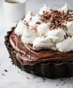 Slice of homemade chocolate pudding pie with creamy filling on a fork