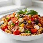 Colorful rotini pasta salad with fresh vegetables and Italian vinaigrette dressing.