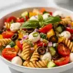 Cold summer veggie pasta salad with creamy mozzarella and crisp vegetables