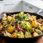 Crispy corned beef hash with cabbage and potatoes in a rustic skillet.