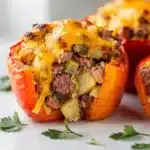 Savory corned beef hash stuffed peppers with melted cheddar cheese, roasted and golden.