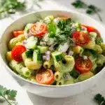 Creamy avocado macaroni salad with tomatoes, cucumber, and fresh green herbs.