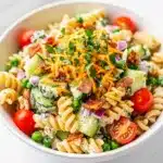 Creamy ranch pasta salad recipe with rotini bacon and cheddar cheese