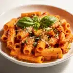 Creamy tomato basil pasta in a white bowl on a rustic table.