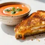 Creamy tomato soup with grilled cheese sandwich on a rustic wooden table.