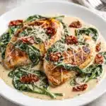 Creamy Tuscan chicken recipe with vibrant sauce in a close up food photo.