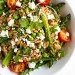 Warm farro spring salad with asparagus peas feta and lemon vinaigrette
