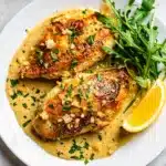 Creamy garlic parmesan chicken recipe on a rustic white dinner plate.