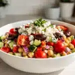 Colorful Greek chickpea salad with creamy feta and glossy chickpeas close up.