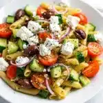 Colorful Greek pasta salad with creamy feta and glossy olives close up