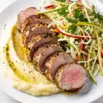 Herb roasted pork tenderloin sliced to reveal juicy pink interior and golden crust