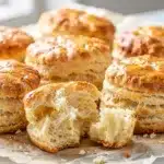 Flaky golden brown homemade buttermilk biscuits with honey and butter.