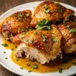 Crispy honey garlic chicken thighs in a skillet with fresh parsley garnish.