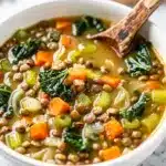 Hearty lentil vegetable soup in a rustic bowl with carrots and broth