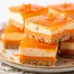 Creamy orange creamsicle bars with fresh orange segments on marble surface.