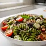 Colorful pesto pasta salad with fresh mozzarella and cherry tomatoes.