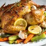 Crispy lemon garlic roasted chicken on a rustic wooden cutting board.