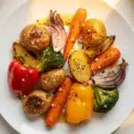 Simple roasted vegetables with caramelized potatoes, carrots, peppers, and broccoli on a ceramic platter.
