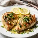 Golden seared chicken breasts in creamy lemon caper sauce with parsley