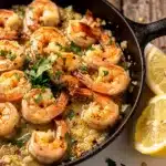 Skillet garlic butter shrimp recipe with lemon and parsley in cast iron pan