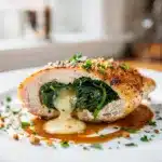 Creamy spinach and cheese stuffed chicken breast with golden sear and pan sauce.