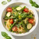 Colorful spring vegetable pasta primavera with creamy Parmesan sauce and fresh basil.