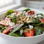 Juicy strawberry spinach salad with feta and almonds in glossy dressing