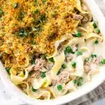 Creamy tuna noodle casserole with a crispy golden breadcrumb topping