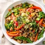 Healthy turkey veggie stir fry with broccoli and peppers in glossy sauce.