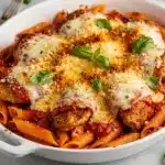 Crispy baked chicken parmesan pasta with melted cheese and rich red sauce.