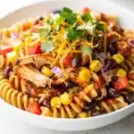 Creamy BBQ chicken pasta salad with rotini corn beans and bell pepper