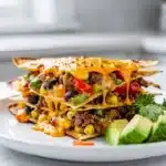 Golden crispy beef quesadilla bake slice with melted cheese and fresh cilantro garnish.