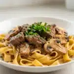 Creamy one pot beef stroganoff with tender beef and egg noodles in mushroom sauce