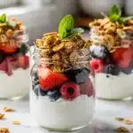 Quick berry yogurt parfait with fresh fruit and crunchy granola in a jar.