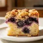 Homestyle blueberry coffee cake slice with cinnamon streusel topping on rustic table.