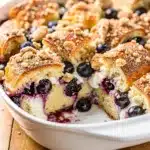 Blueberry cream cheese overnight French toast bake with cinnamon streusel topping.