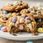 Cadbury Mini Egg chocolate chip cookies with colorful candy shells on a rustic table