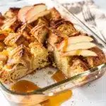 Caramel apple overnight French toast bake with a golden brown crust.