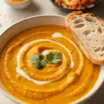 Creamy carrot ginger soup in a white bowl with cilantro garnish.