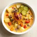 Creamy ground beef cheeseburger soup with potatoes, cheese, bacon, and pickle.