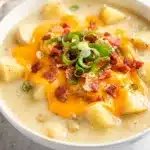 Creamy cheesy baked potato soup with bacon and green onion garnish