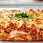 Cheesy baked ziti with meat sauce and melted mozzarella on a white plate.