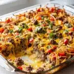Cheesy corned beef hash breakfast bake with eggs potatoes and melted cheddar