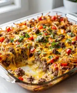 Cheesy corned beef hash breakfast bake with eggs potatoes and melted cheddar