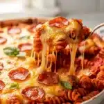 Cheesy pizza pasta with pepperoni and melted mozzarella in a baking dish.