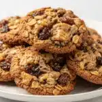 Chewy oatmeal raisin cookies with crispy edges and creamy glossy raisins.